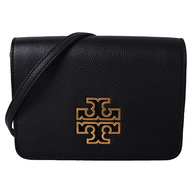 TORY BURCH BRITTEN 鏤空大LOGO掀蓋式荔枝紋鍊帶斜背包-經典黑