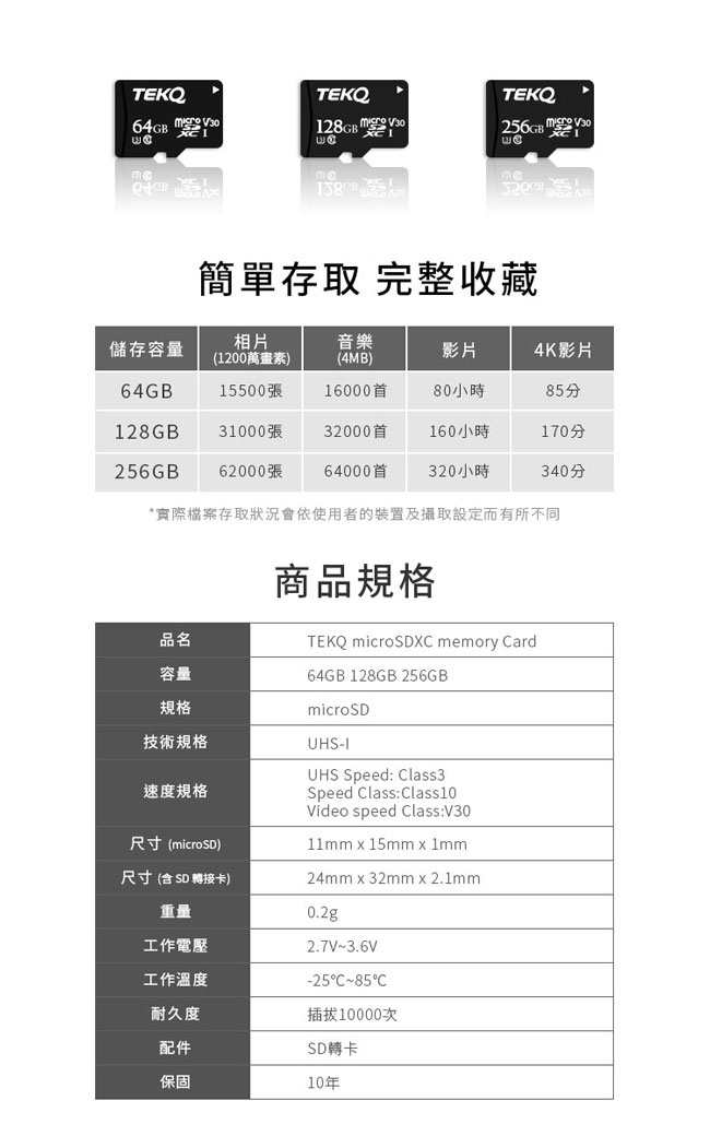 TEKQ microSDXC UHS-I(U3/V30/A1) 64GB 記憶卡