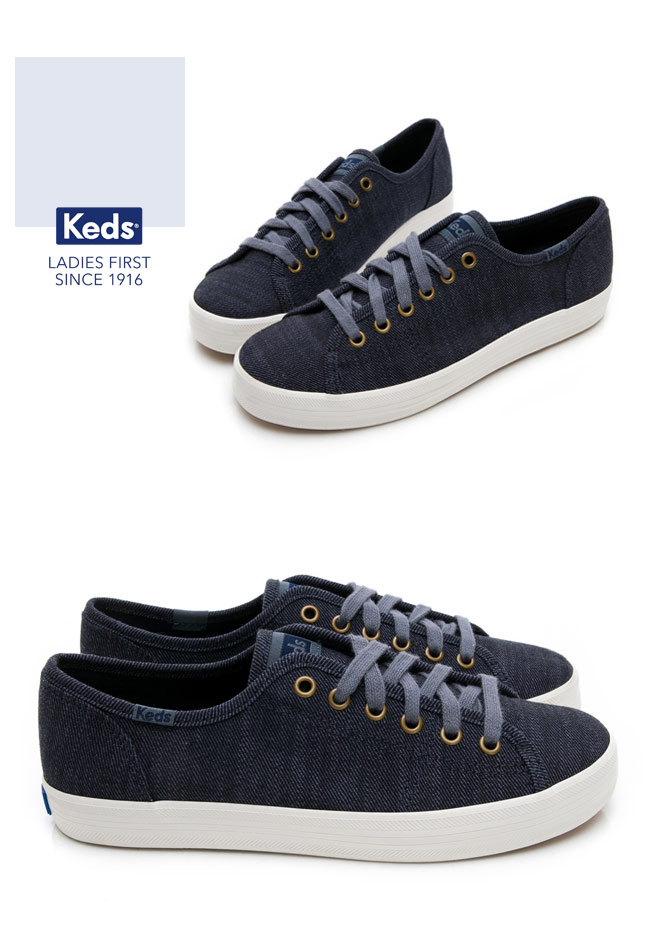 Keds KICKSTART 質感斜紋綁帶休閒鞋-藍