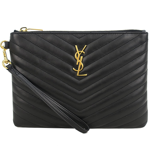 YSL 經典MONOGRAM V縫線 金LOGO手拿包(黑)