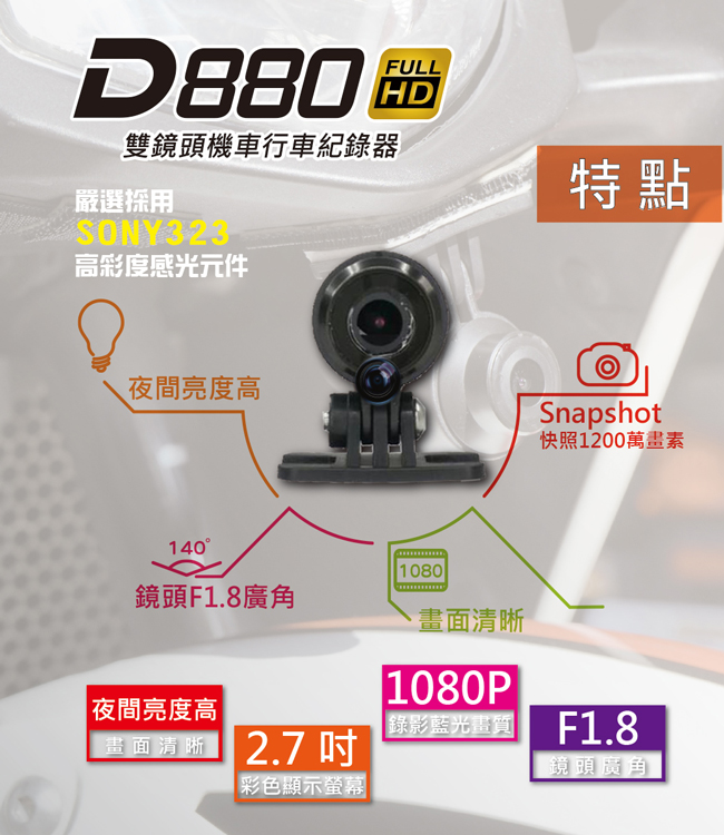 Supercam 獵豹 D880雙鏡頭高畫質機車行車紀錄器 (NO.3607)