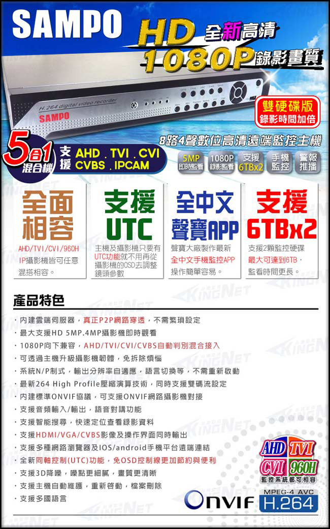 監視器攝影機 - KINGNET 聲寶主機 1440P 8路4聲 監控主機五合一高清混合機