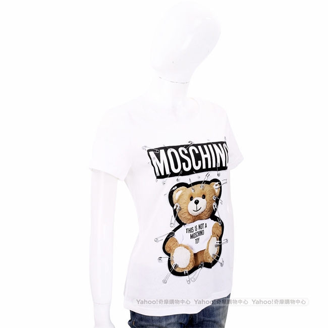MOSCHINO 別針泰迪熊印花白色棉質T恤