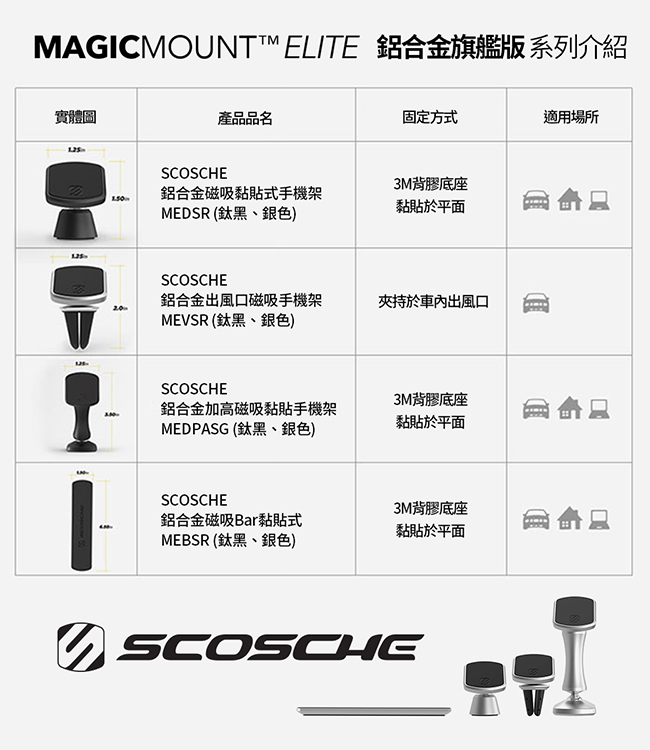 SCOSCHE 鋁合金磁吸黏貼式手機架-鈦黑