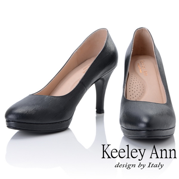 Keeley Ann 簡約美學~OL素面壓紋質感全真皮高跟鞋(黑色-Ann)