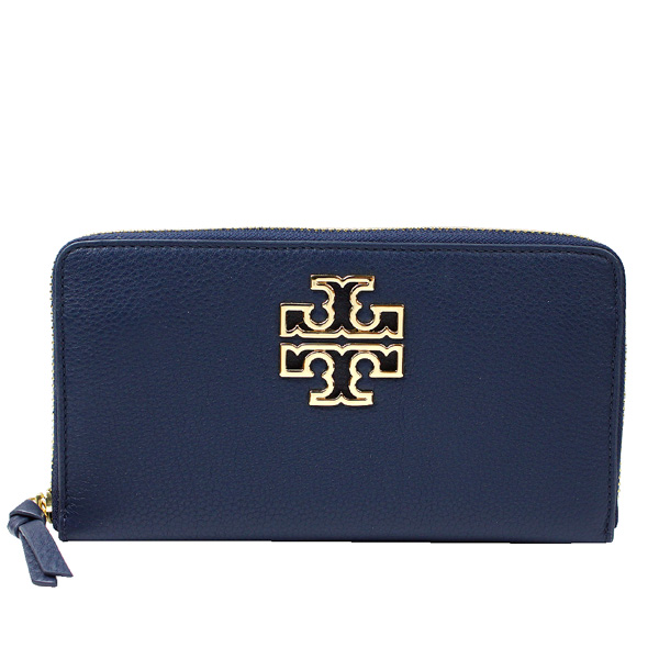 TORY BURCH BRITTEN 金屬LOGO 荔枝紋全皮革拉鍊長夾(深藍)