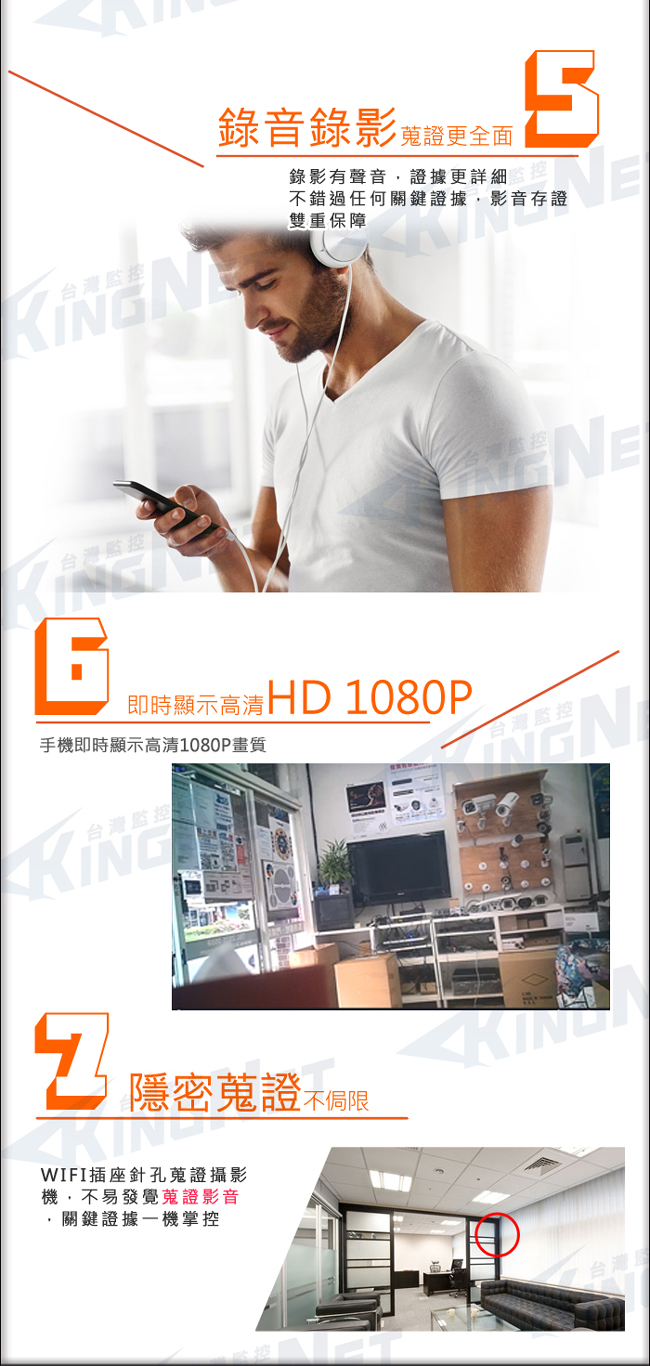 監視器【KINGNET】高解析 HD 1080P 偽裝充電插座型 微型鏡頭 WIFI即時監