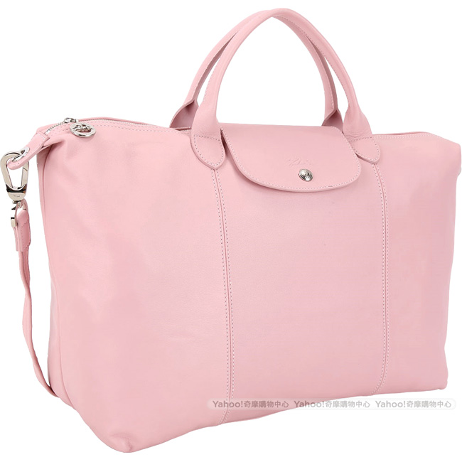 LONGCHAMP Le pliage Cuir 大型短提把羊皮摺疊手提肩背包(玫瑰粉)