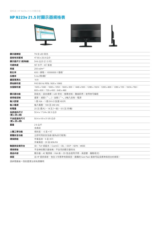 HP N223v 21.5吋 TN 防眩光電腦螢幕
