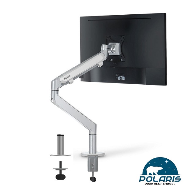 Polaris P01-DS 氣壓臂 單螢幕架 , 鋁合金 夾穿桌二用 (銀白色)