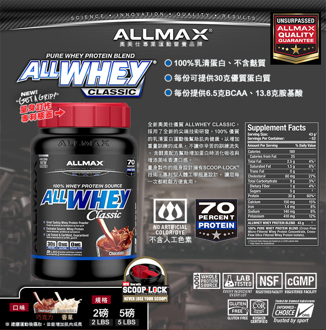 加拿大ALLMAX奧美仕ALLWHEY CLASSIC經典乳清蛋白香草口味2瓶(907公克