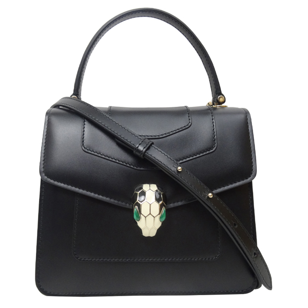 BVLGARI Serpenti系列牛皮琺瑯蛇頭釦環三層手提/肩背包(黑色)