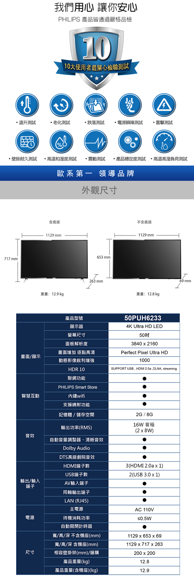 《送壁掛架及安裝&12吋立扇》PHILIPS飛利浦 50吋50PUH6233 4K HDR聯網情境光源液晶顯示器附視訊盒