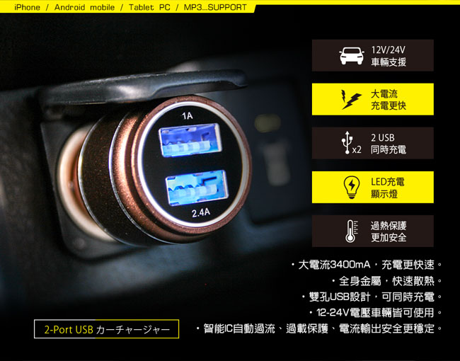 KINYO 鋁合金USB車用充電器