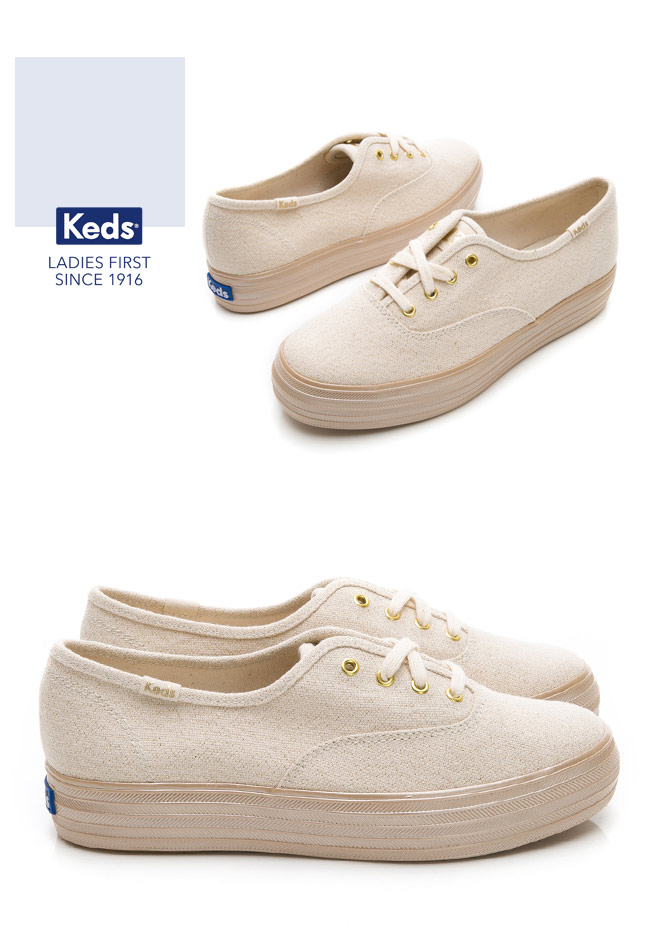 Keds TRIPLE 金蔥帆布綁帶厚底休閒鞋-米/金