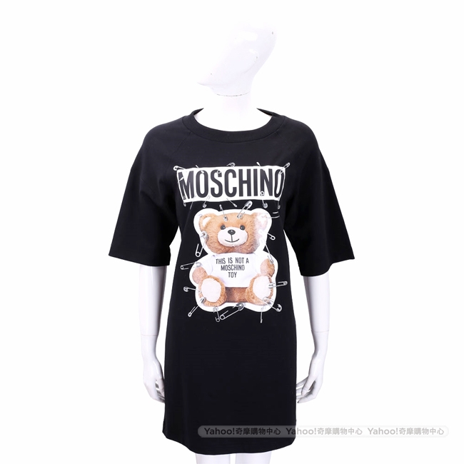 MOSCHINO 別針泰迪熊印花黑色短袖連身裙