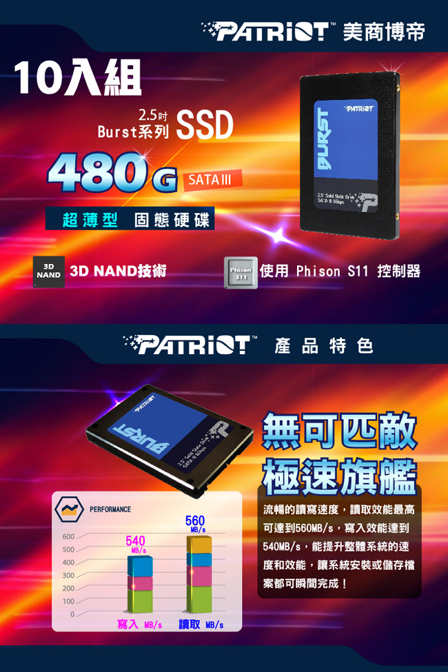 Patriot美商博帝 BURST 480G 2.5吋 SSD固態硬碟-10入組