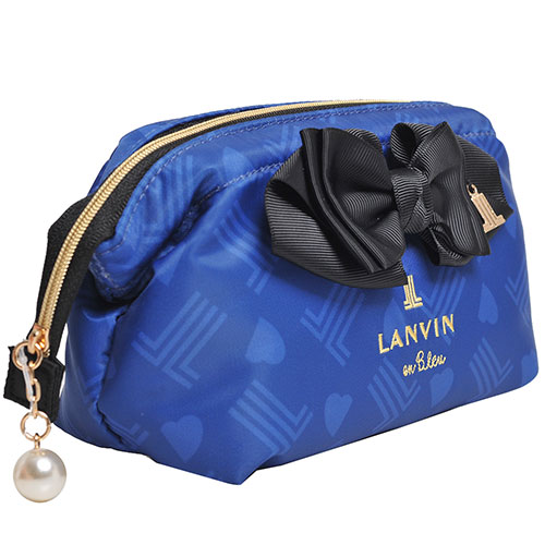 LANVIN en Bleu 品牌立體字母LOGO刺繡立體蝴蝶結化妝包(寶藍系)