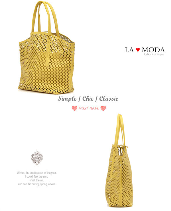 La Moda 經典設計款圓形沖孔大容量肩背斜背子母托特包(黃)