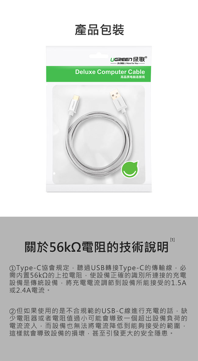 綠聯 USB Type-C快充傳輸線 BRAID版 銀白色 1M