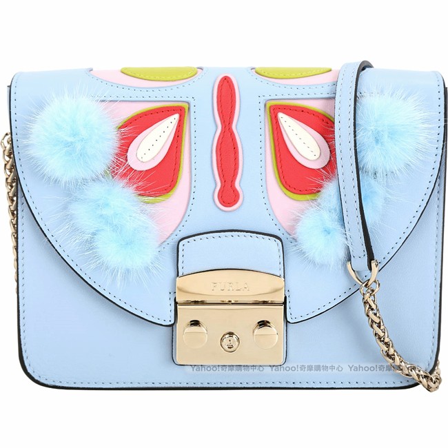 FURLA Metropolis Papillon 蝴蝶造型貂毛拼接鍊帶包(水藍色)