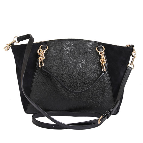 COACH 麂皮荔枝皮革拼接手提斜背中型水餃包(黑色)