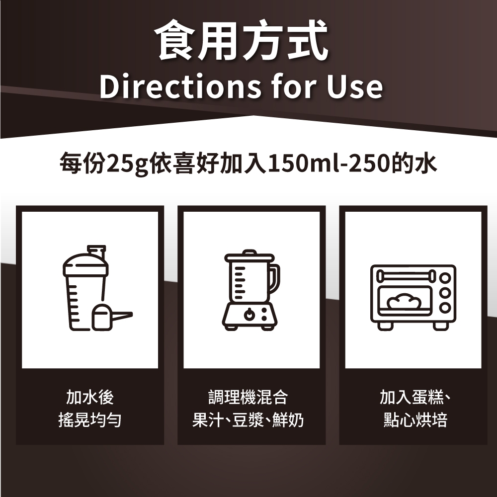 食用方式Directions for Use每份25g依喜好加入150ml-250的水加水後調理機混合搖晃均勻果汁、豆漿、鮮奶加入蛋糕、點心烘培