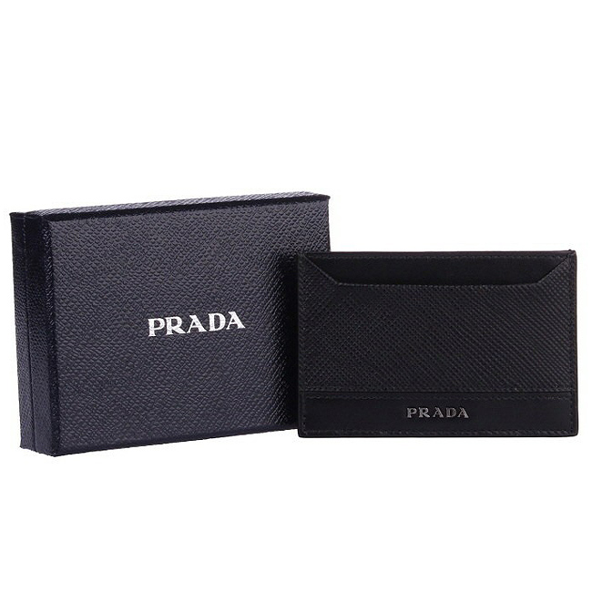 PRADA 經典銀字簡約LOGO防刮牛皮萬用卡片夾(經典黑)