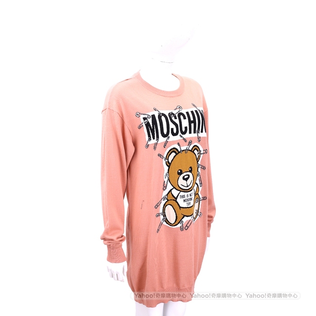 MOSCHINO 別針泰迪熊印花粉色長版羊毛衫