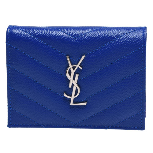 YSL MONOGRAM系列金色LOGO V字縫線魚子醬牛皮暗釦對折短夾(寶藍色)