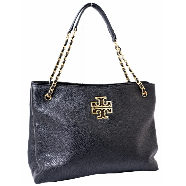 TORY BURCH BRITTEN 經典鏤空LOGO荔枝紋皮革鍊帶肩背包-經典黑