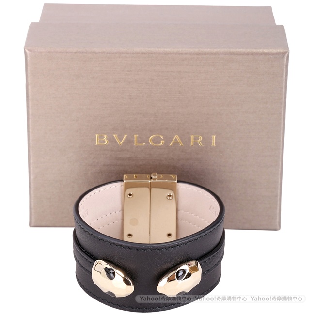 BVLGARI 寶格麗 Serpenti Hypnotic 雙蛇頭黑色牛皮寬版手環