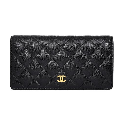 CHANEL 經典雙C金色LOGO菱格小香荔枝紋牛皮掀開式折疊長夾