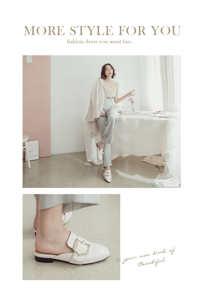 Ann’S個性派女子-不破內裡訂製份量金釦皮革穆勒鞋-米(版型偏小)