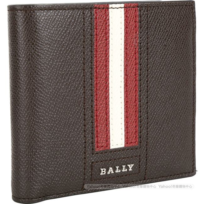 BALLY TRASAI 經典紅白條紋咖啡色八卡對折短夾