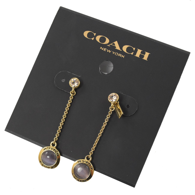 COACH 水鑽烙印LOGO粉紫珠珠墜飾耳環