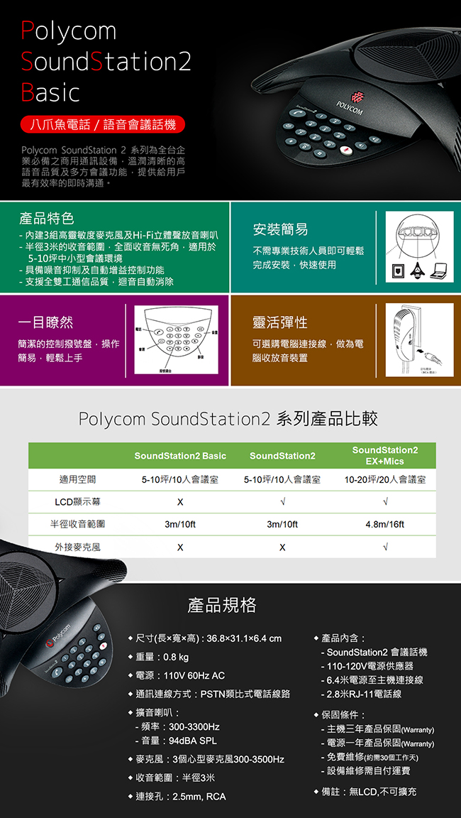 Polycom SoundStation2 (無LCD/不可擴充)語音會議話機