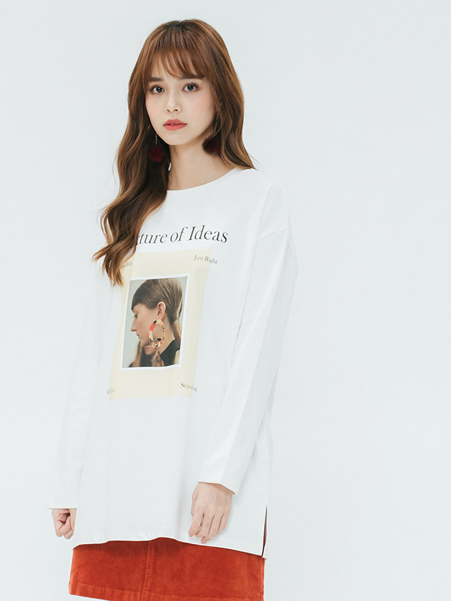 H:CONNECT 韓國品牌 女裝-圖像印製長袖T-shirt-白