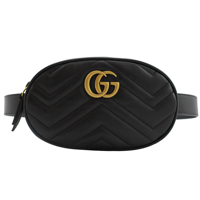 GUCCI Marmont縫線牛皮金屬GG LOGO腰包(黑)