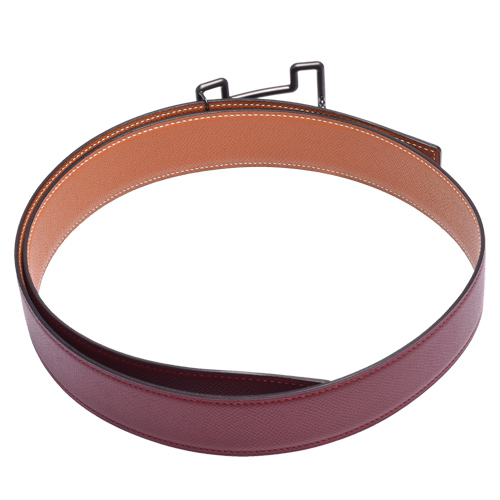 HERMES 經典黑色簍空H LOGO雙面兩穿小牛皮腰帶/皮帶(褐金X酒紅)