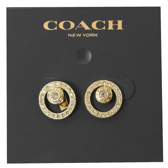 COACH 烙印LOGO圓型小水鑽雙圓耳環(金色)