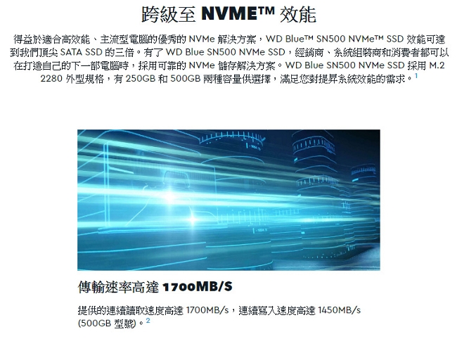 WD 藍標 SN500 500GB NVMe PCIe SSD固態硬碟
