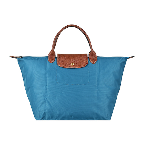 LONGCHAMP LE PLIAGE壓印LOGO短提把尼龍摺疊拉鍊手提包(中/孔雀藍)