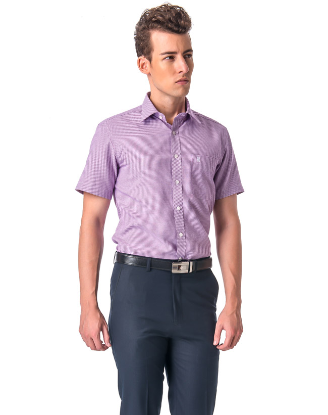 金‧安德森 小圖紫色窄版短袖襯衫