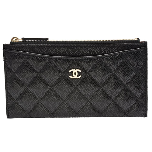 CHANEL 經典金色雙C LOGO菱格荔枝紋小牛皮手拿拉鍊長夾(黑)