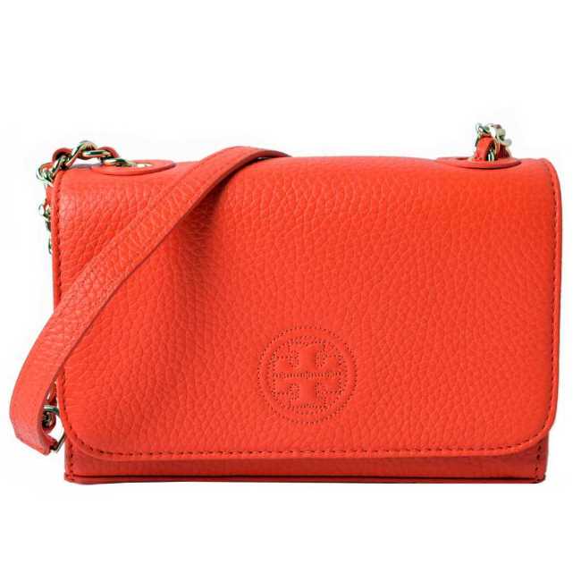 TORY BURCH BOMBE 縫線LOGO荔枝紋掀蓋式mini金屬鍊帶斜背包-珊瑚橘