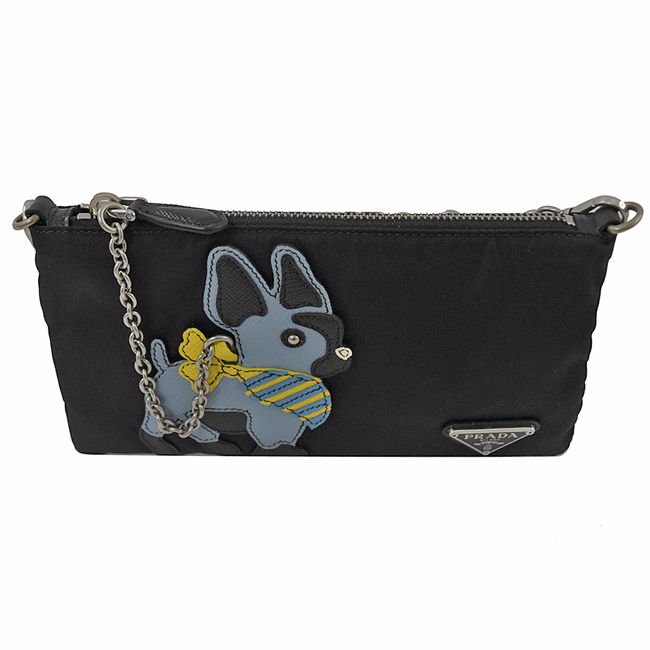 PRADA 三角LOGO立體狗狗圖樣尼龍小鍊包/手拿包(藍/黑)