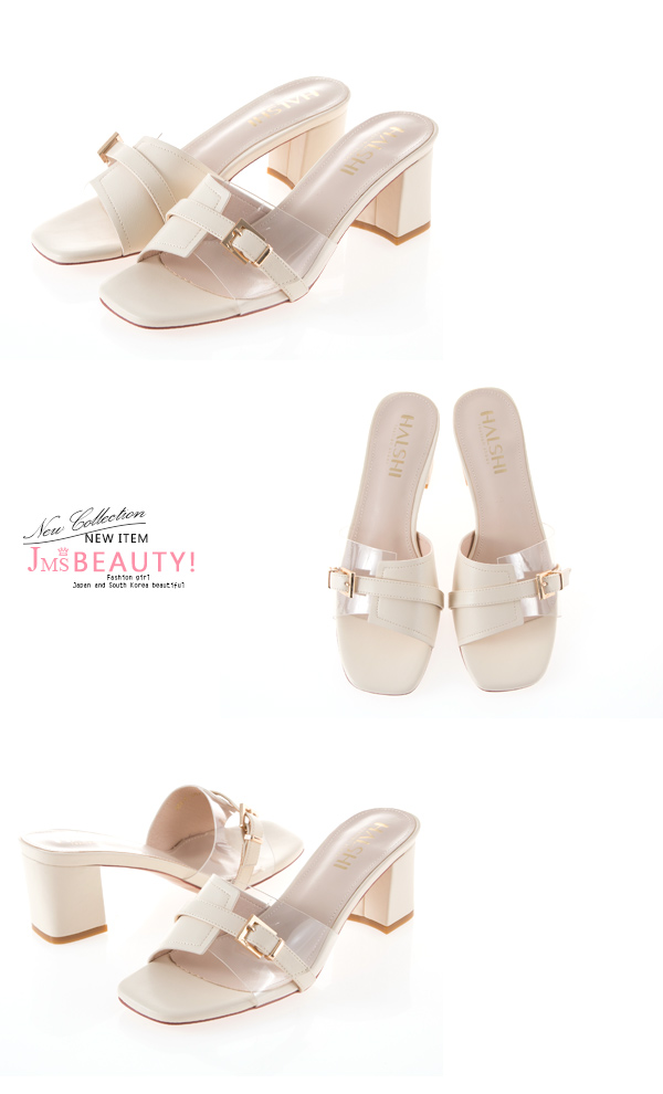 JMS-皮質拼接透明帶搭釦中跟涼拖鞋-米色