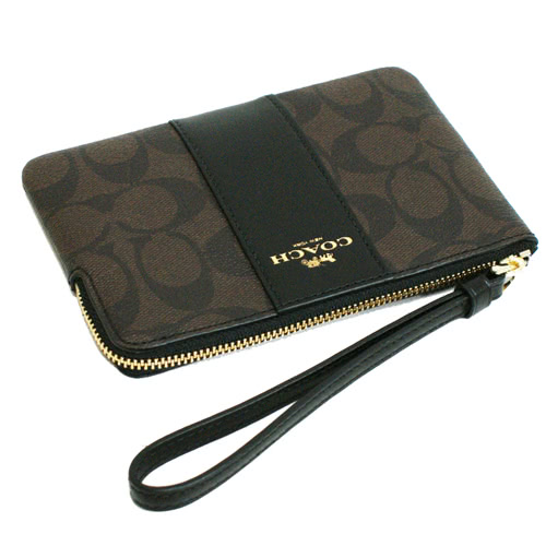 COACH 經典C LOGO直紋PVC皮革手拿包零錢包(深咖)