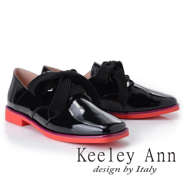Keeley Ann 個性玩酷~視覺系拼接綁帶方頭低跟漆皮鞋(黑色-Ann)